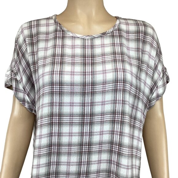 Cloth & Stone Top Size Medium Plaid Short-Sleeve Gray & White Raw Edge - Picture 6 of 7